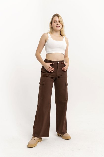 Women's High Waist Brown Cargo Pocket Jeans Cargo Pocket Trousers