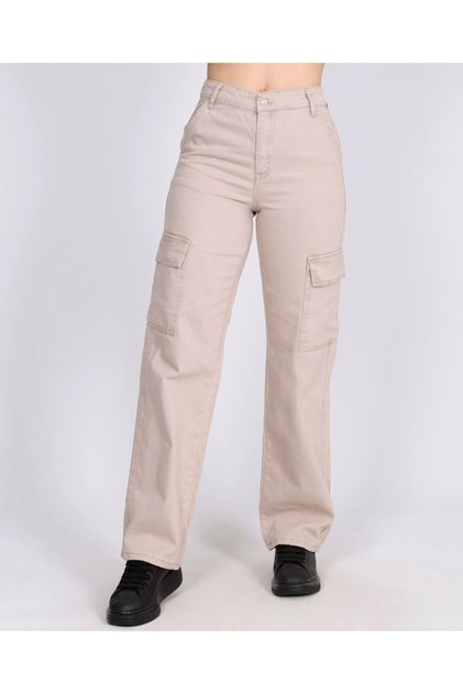 Women's Beige High Waist Wide Leg Cargo Pants Ixian