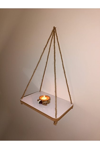 Halatlı Raf Kitaplık Ipli Duvar Rafı Mumluk Aksesuar Rafı Anahtarlık Tekli 21x32 Cm