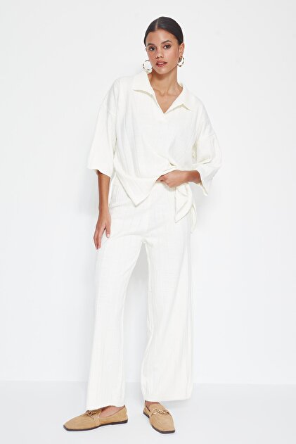 Ecru Basic Corded Fabric Knitwear Top and Bottom Set TWOSS23AU00029