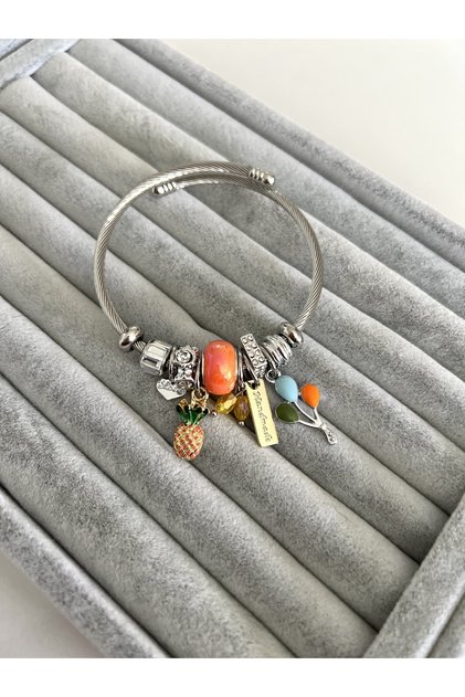 Steel Silver Orange Stone Balloon And Pineapple Model Bracelet