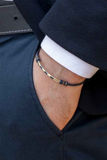 14 Ayar Altın Lacivert Örme Çelik Silindir Detaylı Erkek Bileklik