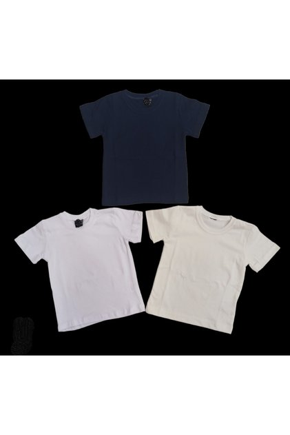 Basic Plain Crew Neck Short Sleeve Lycra Badi Sweat T-shirt (Pack of 3 Cream-navy blue-white)