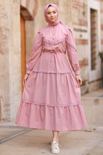 InStyle Guipure Detail Balloon Sleeve Hijab Dress - Dusty Rose