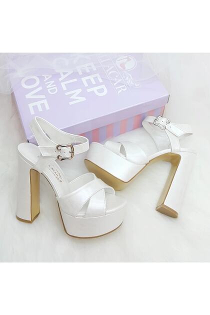14 Cm Thick Heeled Off-White Comfortable Bridal Shoes Aslı Acar