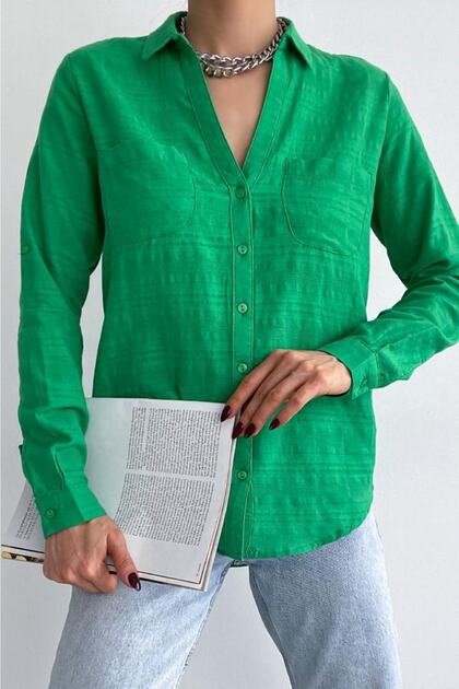 Women's V-Neck Double Pocket Folding Sleeve Slim Fit Shirt
