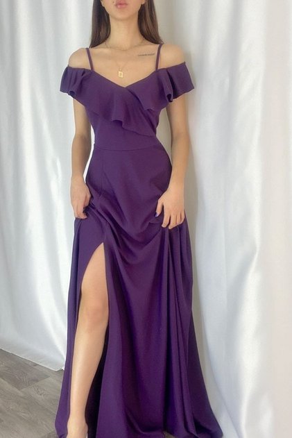 Crepe Fabric Thin Straps Slit V-Neck Long Purple Dress 582190