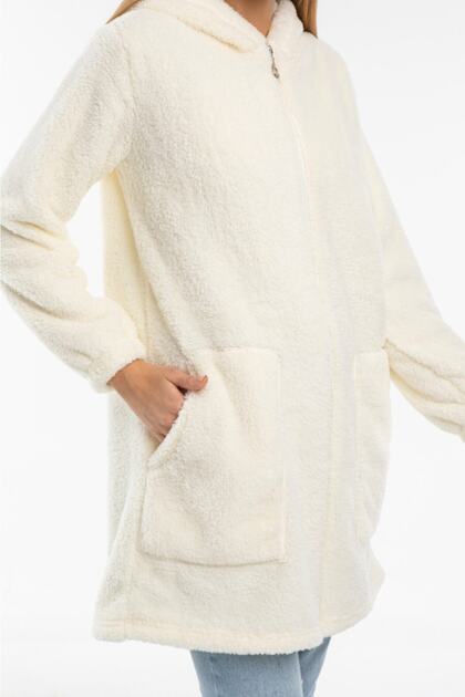 Women's Cream Long Zippered Fleece Cardigan
