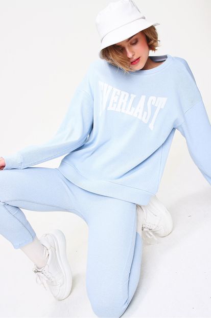 Trend Alaçatı Stili Kadın Bebe Mavi Sweatshirt Örme Tayt İkili Takım ALC-X5890 - 1