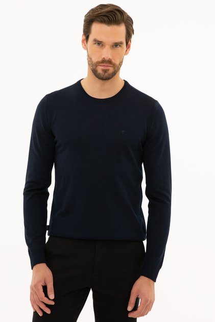 Men's Navy Blue Slim Fit Crew Neck Basic Knitwear Sweater