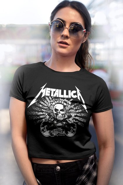 Metallica Kurukafa Siyah Kısa, Kesik Crop Top Kadın T-shirt 1M1CW090FS