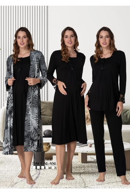 Effortt Women's Black Maternity Maternity Dressing Gown Nightgown and Pajama Set Effortt