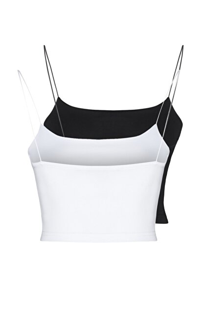 Trendyol Collection Black-White 2-Pack Cotton Spaghetti Strap Crop