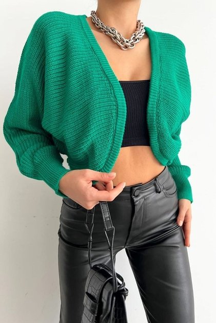Knitwear Balloon Sleeve Detailed Green Crop Cardigan 0149