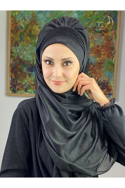 Saray Model Siyah Simli Yan Drapeli Şal