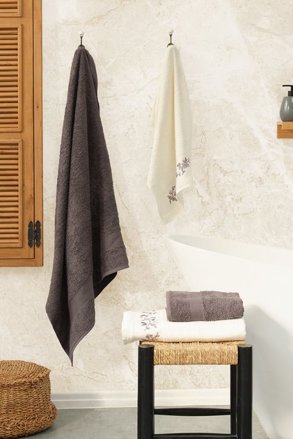 Flora Gri Nakışlı Hamam Seti