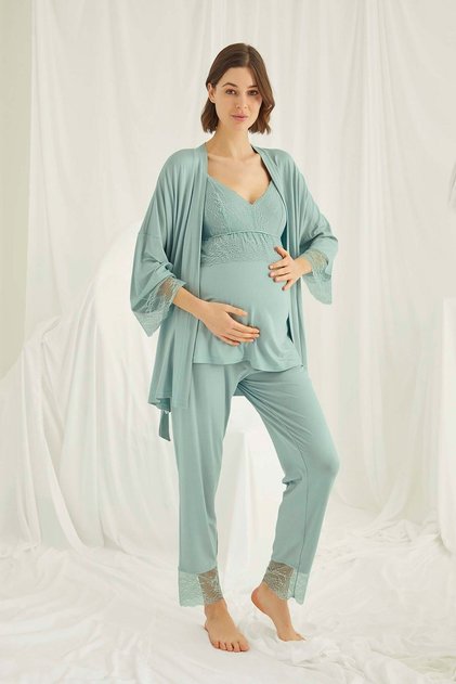 Green Maternity Pajama Set with Breastfeeding Feature and Dressing Gown Monamise 18469