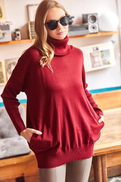 Women's Burgundy Lace Collar Oversize Knitwear Blouse with Hidden Pockets BLZ-19002109