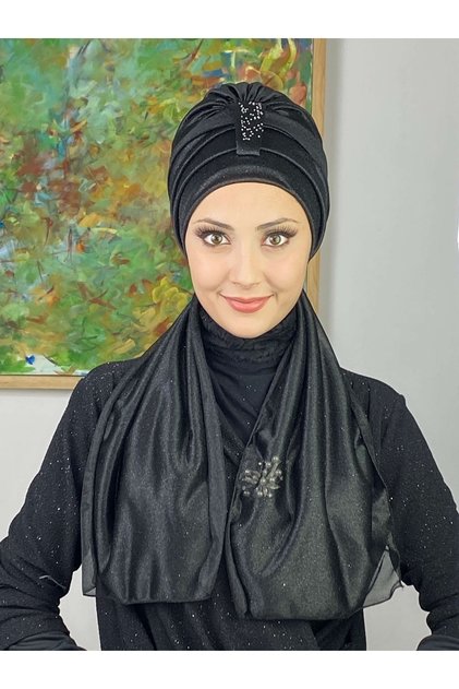 Hürrem Siyah Tek Biritli Simli Atkılı Bone