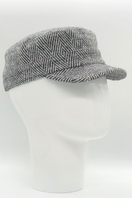Winter Cashmere Wool Gray Large Herringbone Patterned Castro Cap Hat