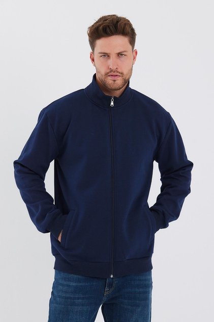 Cotton Zippered Men's Navy Blue Cardigan with Stand Collar and Side Pockets