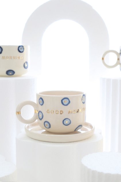 Good Morning Nazar Boncuğu Desenli Özel Tasarım 24k Altın Dekorlu El Yapımı Seramik Mug 200ml