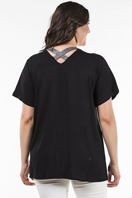 Womenice Kadın Büyük Beden Siyah Arkası Çapraz Gömlek - 2