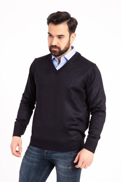 Men's Navy Blue Fine Wool Knitwear Knitted Dad V-Neck Sweater Blouse
