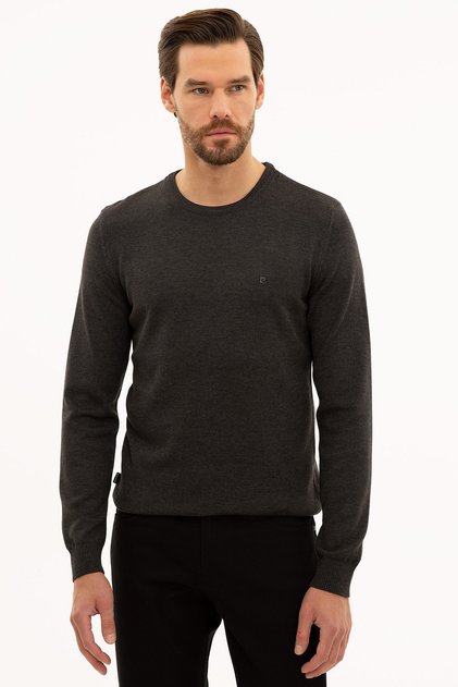 Erkek Antrasit Melanj Slim Fit Bisiklet Yaka Basic Triko Kazak