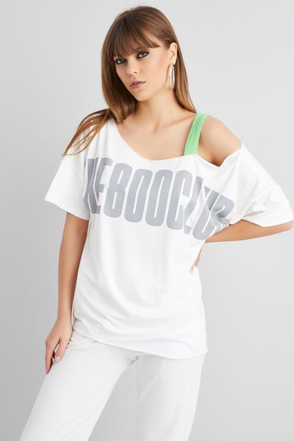 Cool & Sexy Kadın Ekru Önü Baskılı Tek Omuz Salaş T-shirt MF565 - 1
