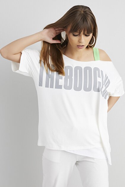 Cool & Sexy Kadın Ekru Önü Baskılı Tek Omuz Salaş T-shirt MF565 - 3