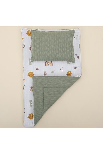 Changing Mat And Pillow - Dark Green Knitted - Galaxy And Letters