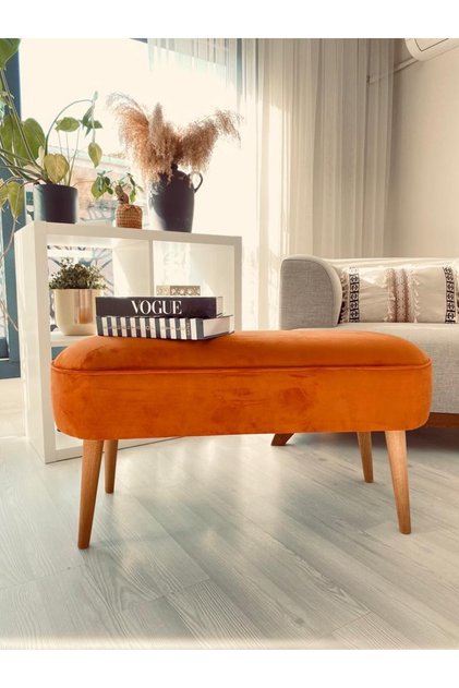 Retro Gürgen Ahşap Ayaklı Geniş Oturum Alanlı Özel Tasarım Oval Bench Puf Turuncu
