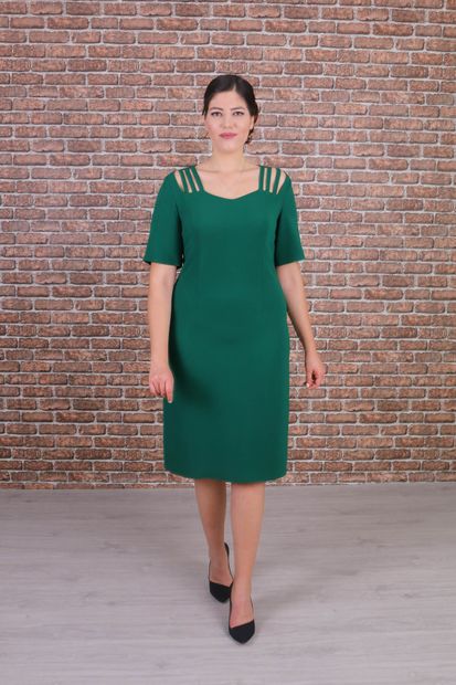 Nidya Moda Büyük Beden Kadın Yeşil Omuz Şeritli Abiye Elbise-4155y - 1