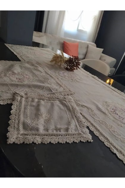 Buldan Fabric Handcrafted Runner Lace Runner Tablecloth Cream - Pink