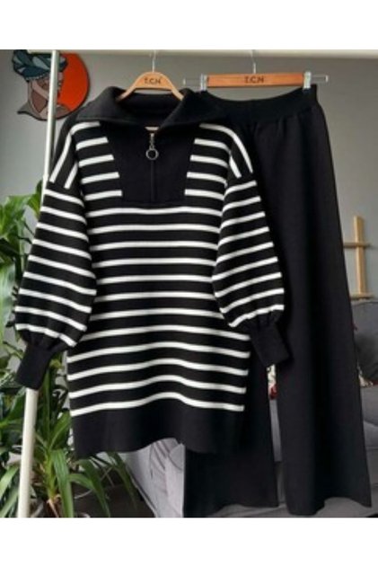 Huqe Collar Zippered Balloon Sleeve Knitwear Set 8060