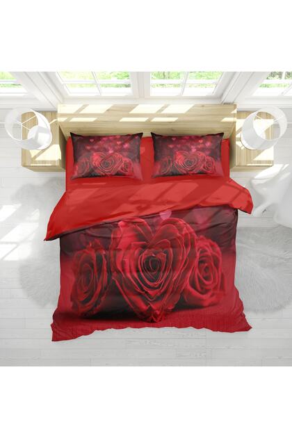 Red Roses Themed 3D Digital Printed Valentine's Day Couple Duvet Cover Set