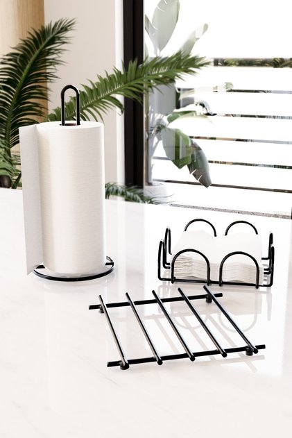 Serving Presentation Set Towel Holder Napkin Holder Trivet Stainless Steel Matte Black Metal 3-Piece Kitchen Set