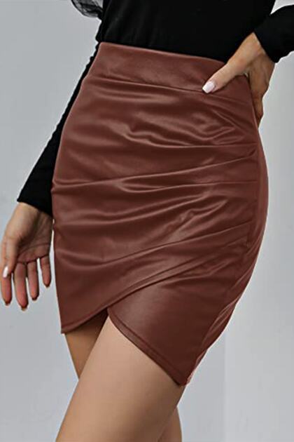 Women's Fleece-Lined Leather Zippered Brown Skirt
