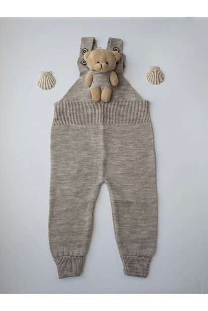 Teddy Bear Buttoned Baby Kids Knitwear Salopet Stone Color