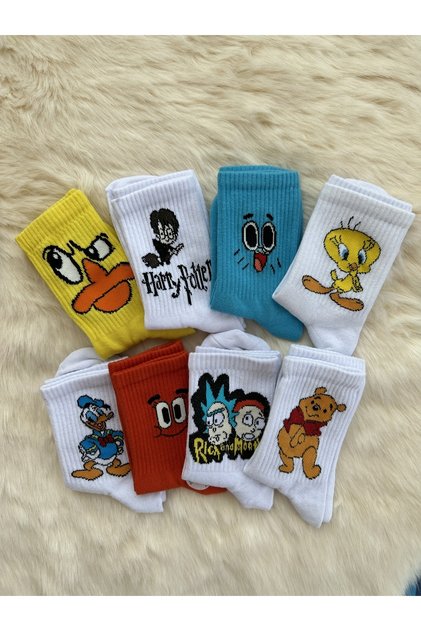 Unisex 8-Piece Cotton Combed Colorful Character Cheerful College Tennis Socks