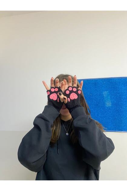 Cute Cat Paw Black Pink Knitted Fingerless Gloves