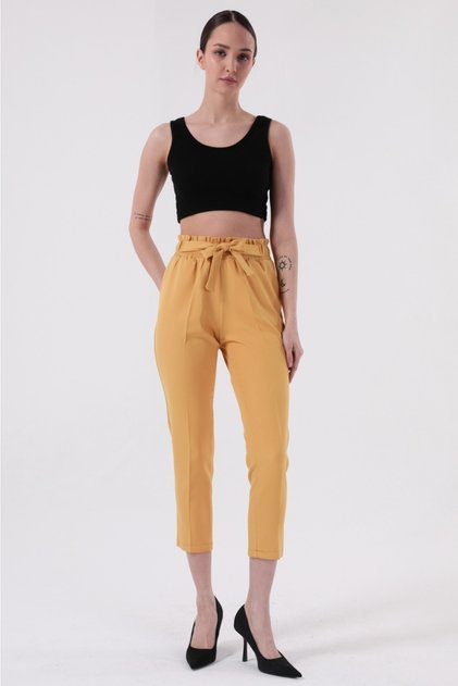 Women's Seasonal Elastic Waist Atlas Fabric Carrot Cut Tan Trousers