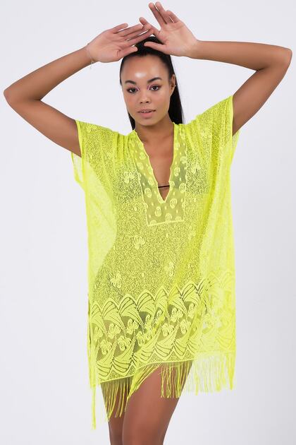 Women's Plain Lace Tasseled Pareo Green