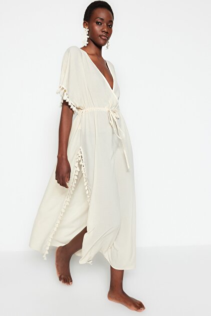 princess polly baby blue dress Trendyol Collection Beige Woven Tassel Maxi Beach Dress Tbess22El0842-  Trendyol