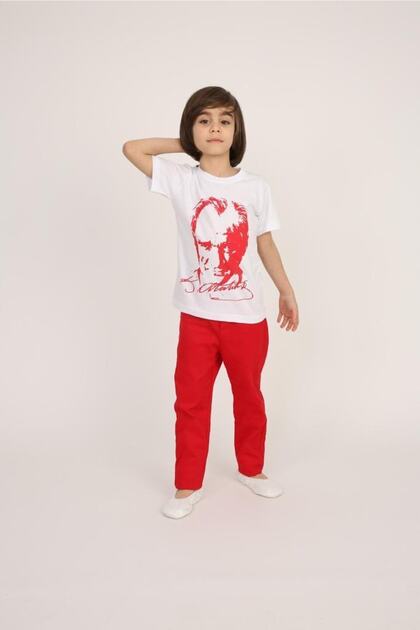 Boy, April 23, October 29, Rural. Ataturk Print White T-Shirt Kır. Pants Suit Show Outfit