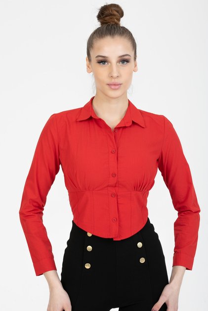 Kadın Kırmızı Korseli Beli Lastikli Crop