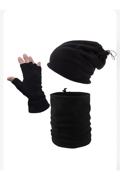 Μαύρα θερμικά χειμωνιάτικα γάντια fleece με ανοιχτά δάχτυλα, κολάρο λαιμού από fleece με κορδόνι, σετ γάντια 3 τεμαχίων