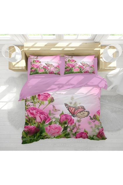Pink Rose and Butterfly Themed 3D Digital Printed Double Duvet Cover Set