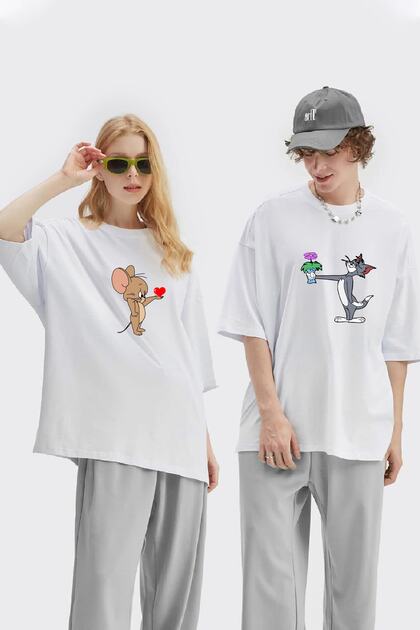 Unisex Γυναικείες άντρες Tom and Jerry Printed Lover Couple Combination Design Oversize T-shirt Σετ 2 τεμαχίων
